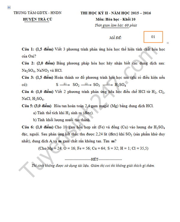 Đề thi học kì 2 lớp 10 năm 2016 môn Hóa - Trà Cú 