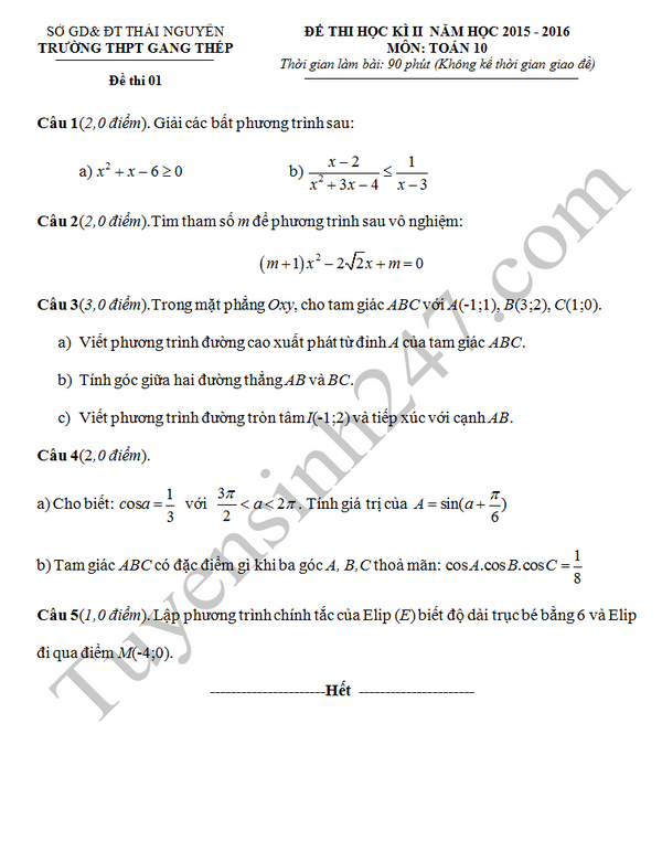 Đề thi học kì 2 lớp 10 môn Toán 2016 THPT Gang Thép