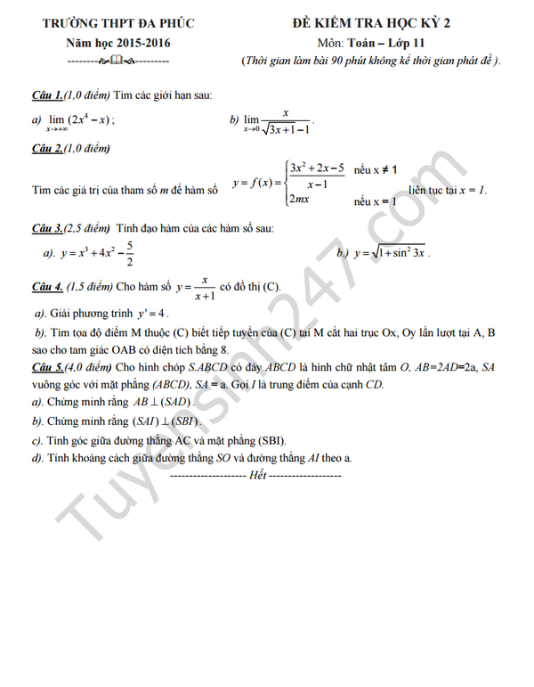 Đề thi học kì 2 lớp 11 năm 2016 môn Toán - THPT Đa Phúc