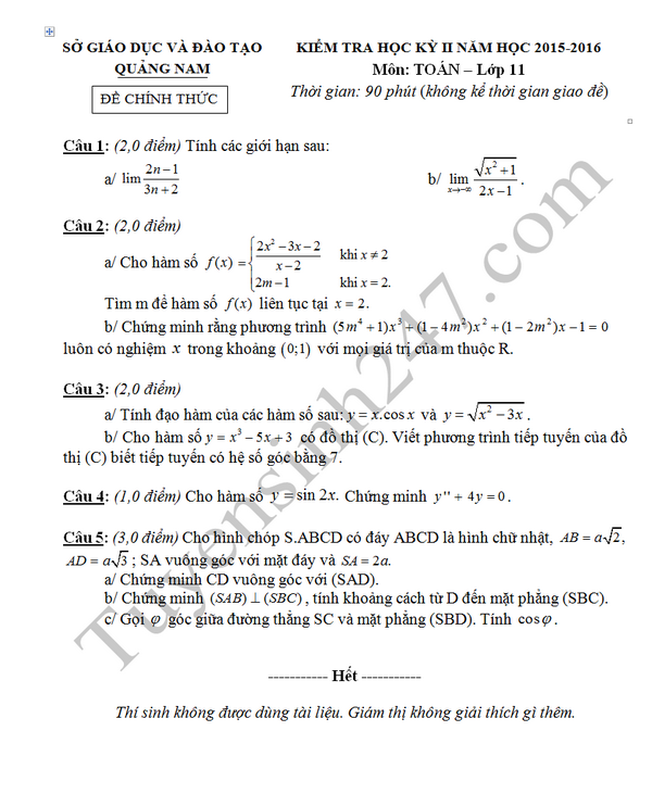Đề thi học kì 2 lớp 11 Toán 2016 Sở GD Quảng Nam