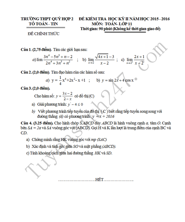 Đề thi học kì 2 lớp 11 năm 2016 môn Toán THPT Qùy Hợp 2