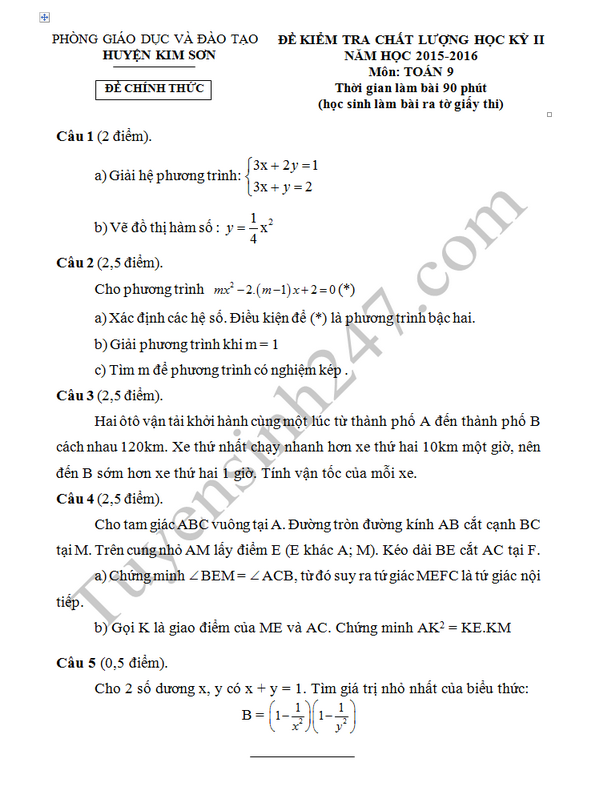 Đề thi học kì 2 lớp 9 năm 2016 môn Toán - Kim Sơn 