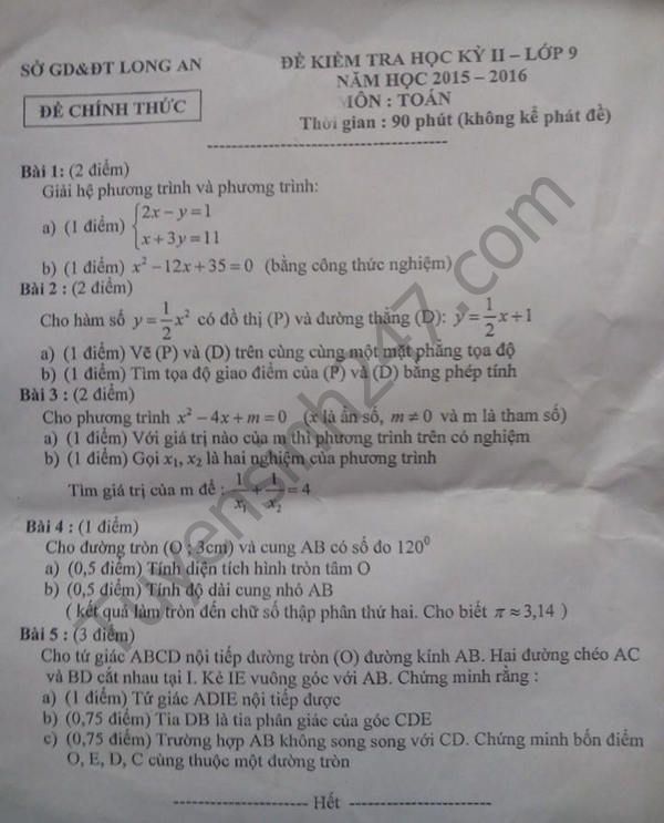Đề thi học kì 2 lớp 9 môn Toán 2016 Sở GD Long An 