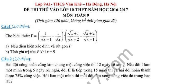 Đề thi thử vào 10 môn Toán THCS Văn Khê - Hà Đông 2016