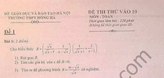 Đề thi thử vào 10 môn Toán THPT Hồng Hà năm 2016