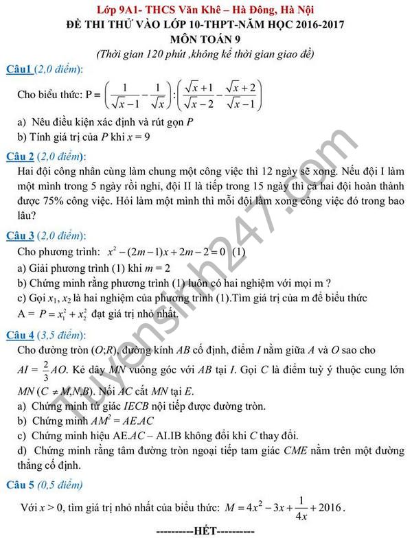 De thi thu vao lop 10 mon Toan 2016 - THCS Van Khe