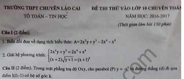 Đề thi thử vào 10 môn Toán THPT chuyên Lào Cai  2016