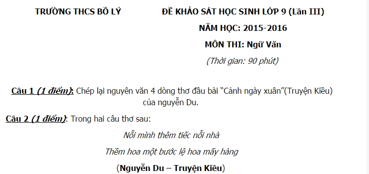 Đề thi thử vào 10 môn Văn THCS Bồ Lý 2016 lần 3