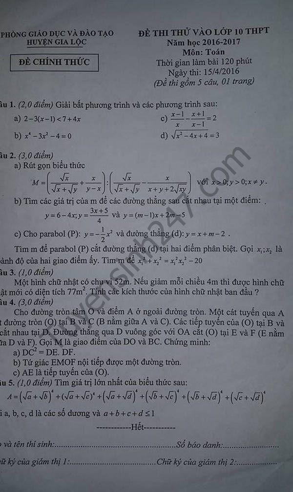 Đề thi thử vào 10 môn Toán Phòng GD&ĐT Gia Lộc 2016