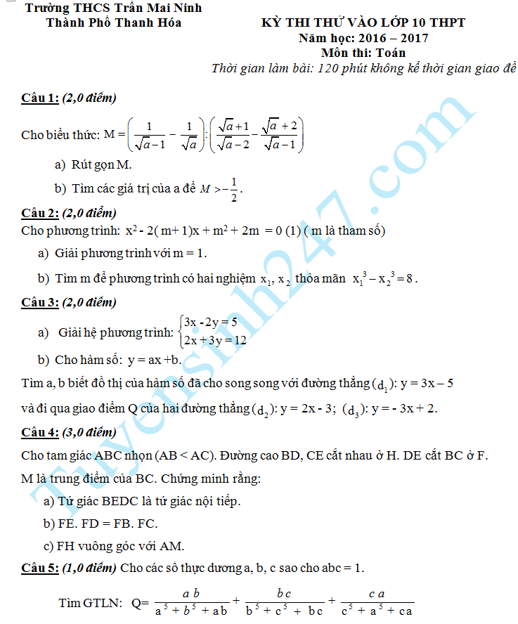 Đề thi thử vào 10 môn Toán trường THCS Trần Mai Ninh 2016