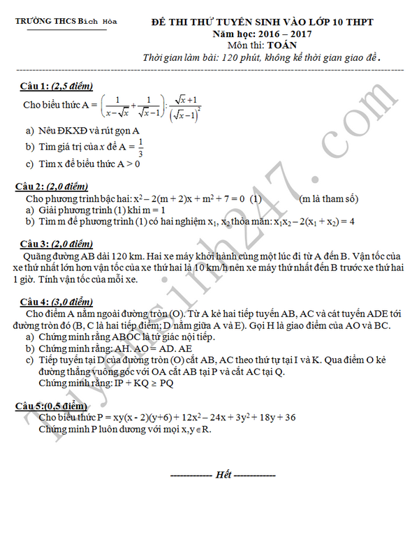 Đề thi thử vào lớp 10 môn Toán THCS Bích Hòa 2016