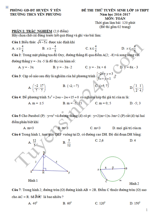 De thi thu vao lop 10 mon Toan 2016 - THCS Yen Phuong