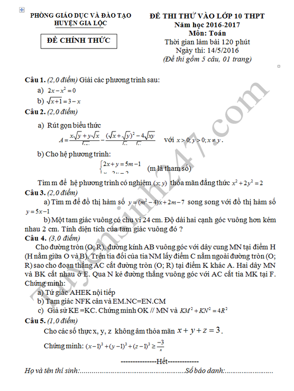 De thi thu vao lop 10 mon Toan lan 3 - Phong GD&DT Gia Loc 2016