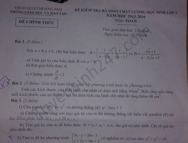 Đề thi thử vào lớp 10 môn Toán Quận Hoàng Mai 2016