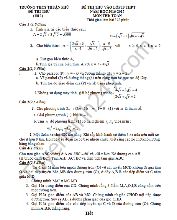 Đề thi thử vào lớp 10 môn Toán THCS Thuận Phú 2016