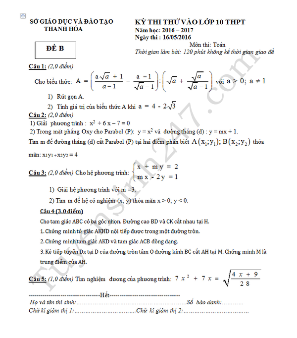 Đề thi thử vào lớp 10 môn Toán - Sở GD&ĐT Thanh Hóa 2016