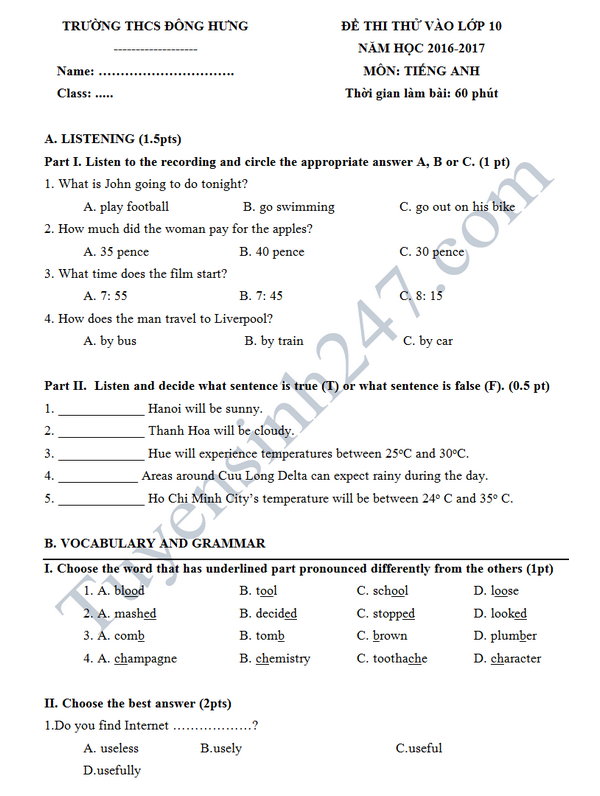 Đề thi thử vào lớp 10 môn Anh - THCS Đông Hưng 2016