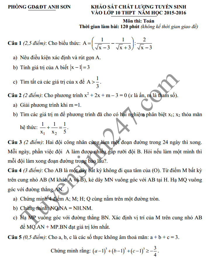 Đề thi thử vào lớp 10 môn Toán 2016 - THCS Anh Sơn