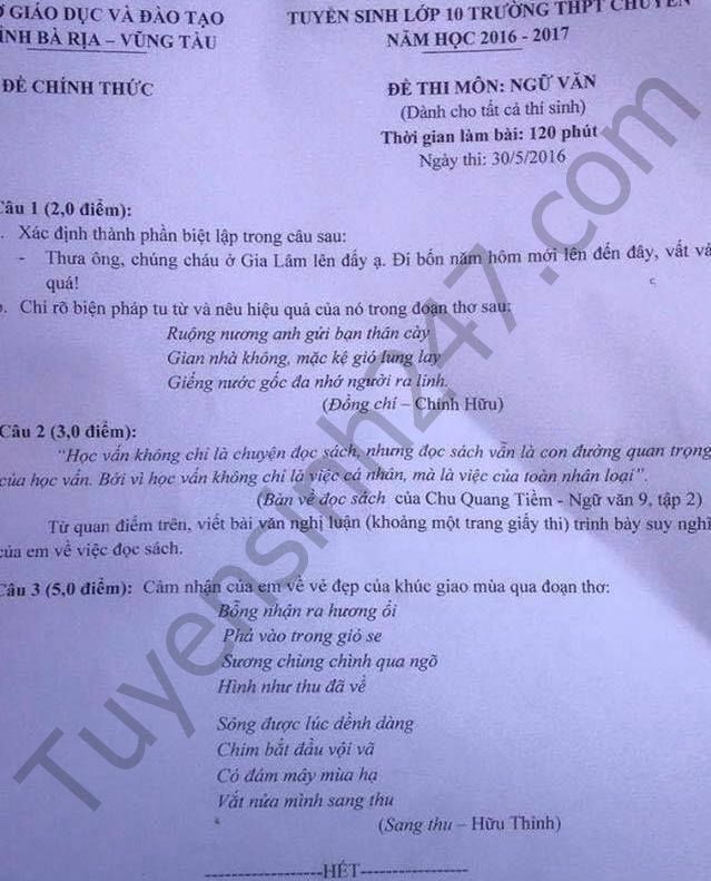 Đề thi vào lớp 10 môn Văn 2016 – THPT Chuyên Lê Quý Đôn