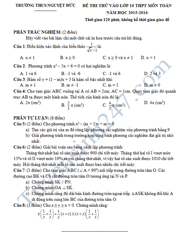 Đề thi thử vào lớp 10 môn Toán 2016 - THCS Nguyệt Đức
