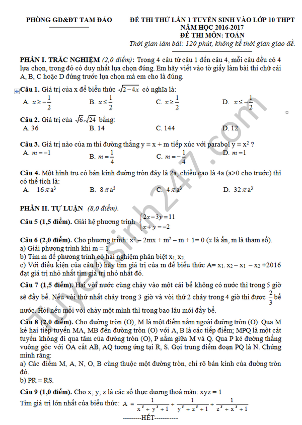 Đề thi thử vào lớp 10 môn Toán - Tam Đảo 2016 lần 1