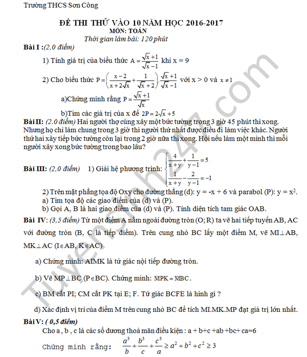 De thi thu vao lop 10 mon Toan 2016 - THCS Son Cong