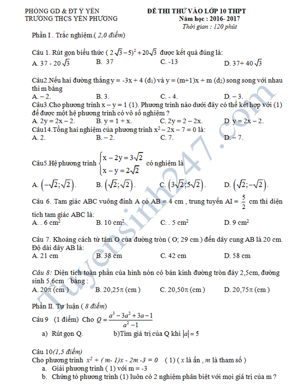 Đề thi thử vào lớp 10 môn Toán - THCS Yên Phương 2016 lần 2 