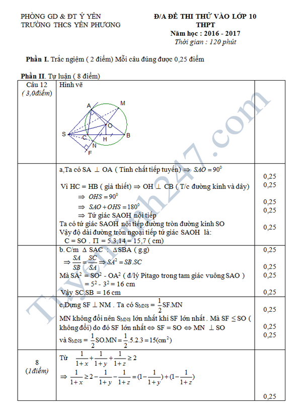 De thi thu vao lop 10 mon Toan 2016 - THCS Yen Phuong lan 2