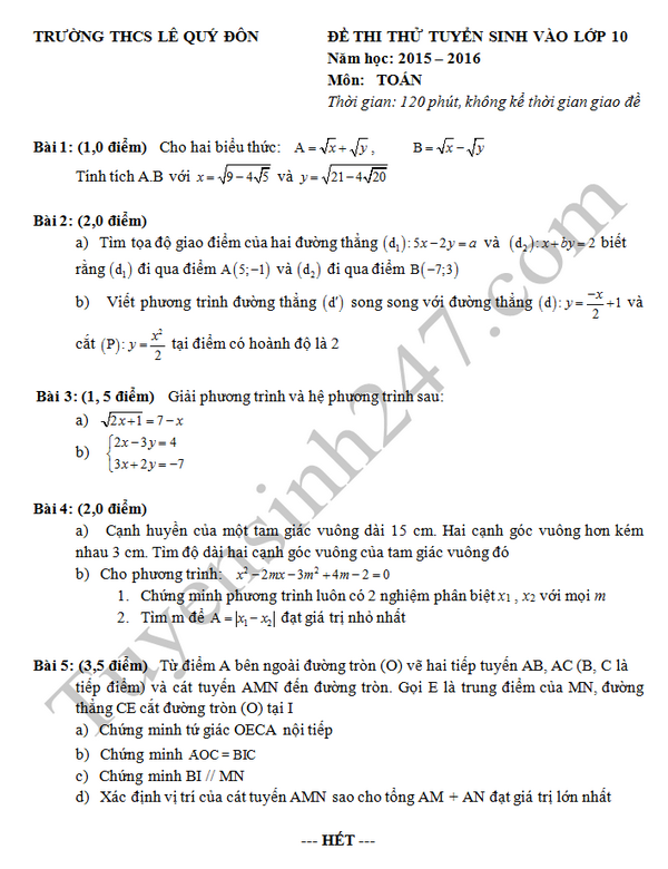 De thi thu vao lop 10 mon Toan - THCS Le Quy Don 2016