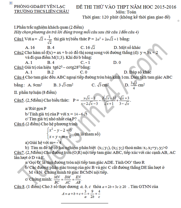 De thi thu vao lop 10 mon Toan - THCS Lien Chau 2016