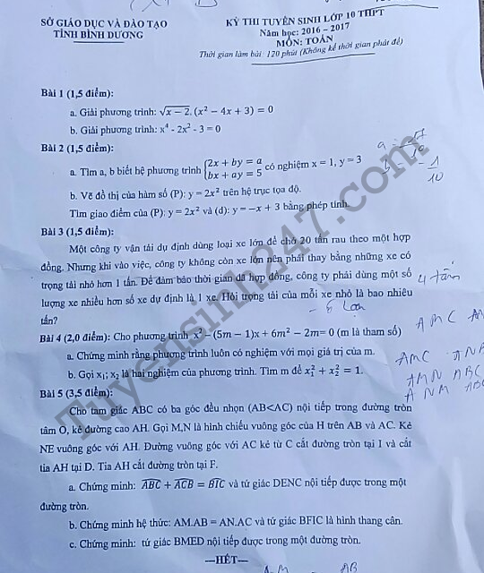 Đề thi vào lớp 10 môn Toán 2016 tỉnh Bình Dương có kèm đáp án