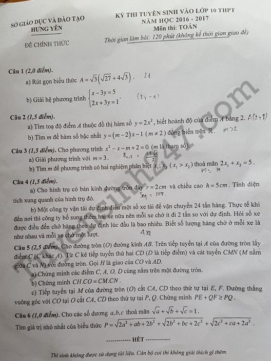 Đề thi vào lớp 10 môn Toán tỉnh Hưng Yên 2016