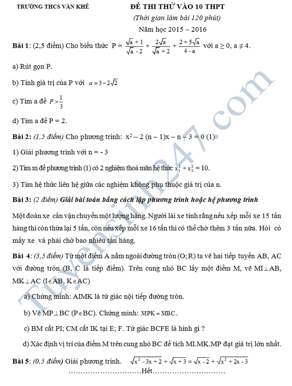 Đề thi thử vào lớp 10 môn Toán 2016 - THCS Văn Khê