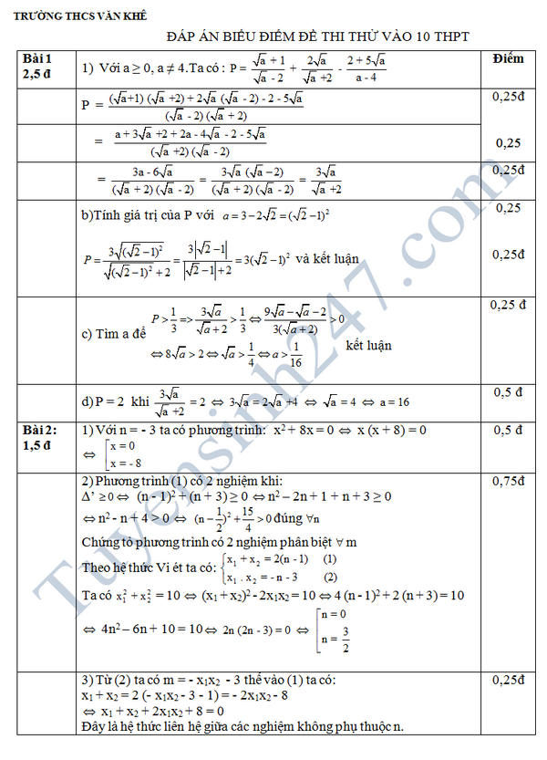 De thi thu vao lop 10 mon Toan - THCS Van Khe 2016