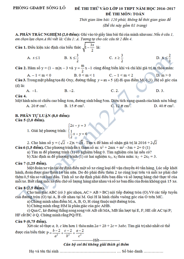 Đề thi thử vào lớp 10 môn Toán - Phòng GD&ĐT Sông Lô năm 2016