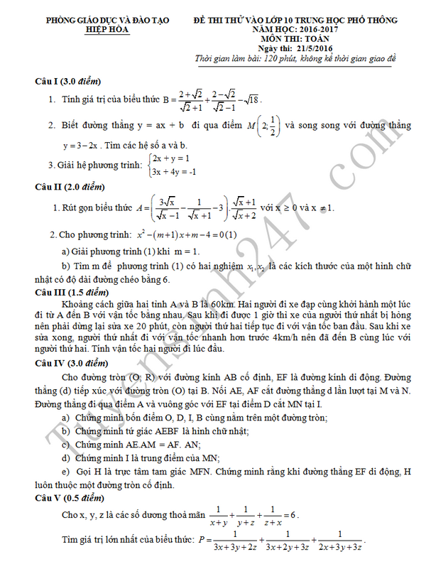 Đề thi thử vào lớp 10 môn Toán - Hiệp Hòa 2016
