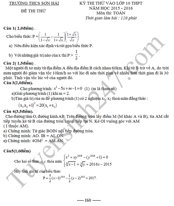 De thi thu vao lop 10 mon Toan 2016 - THCS Son Hai