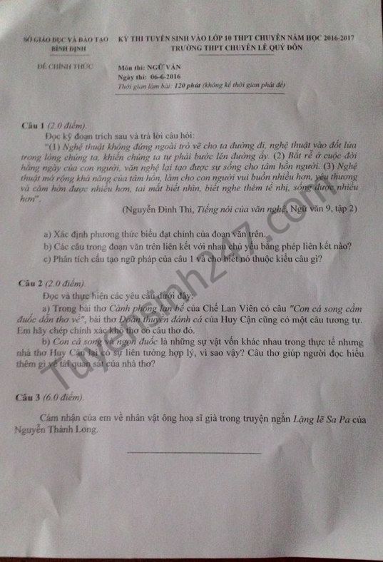 Đề thi vào lớp 10 chuyên Lê Qúy Đôn tỉnh Bình Định môn văn 2016