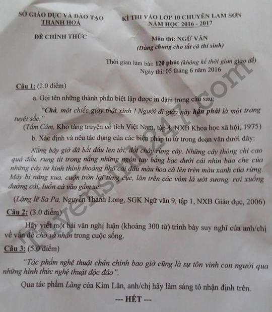 Đề thi vào lớp 10 môn Văn - THPT Chuyên Lam Sơn 2016