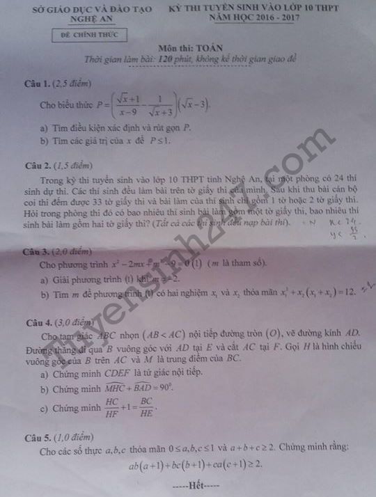 Đáp án đề thi vào lớp 10 môn Toán 2016 tỉnh Nghệ An