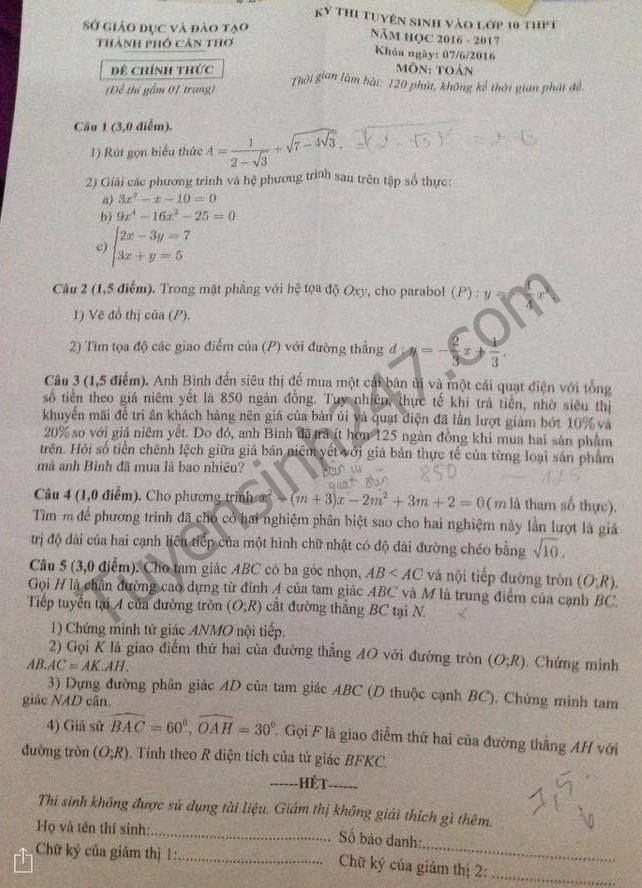 Đáp án đề thi vào lớp 10 môn Toán TP Cần Thơ năm 2016