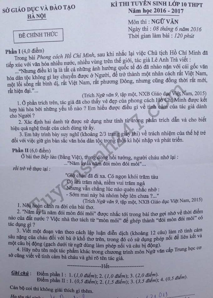 Đáp án đề thi vào lớp 10 môn Văn Hà Nội năm 2016