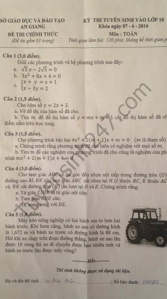 Đề thi toán vào lớp 10 THPT tỉnh An Giang 2016