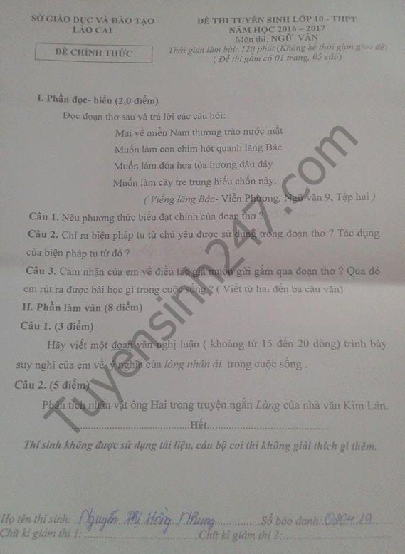 Đề thi vào lớp 10 môn Văn tỉnh Lào Cai năm 2016