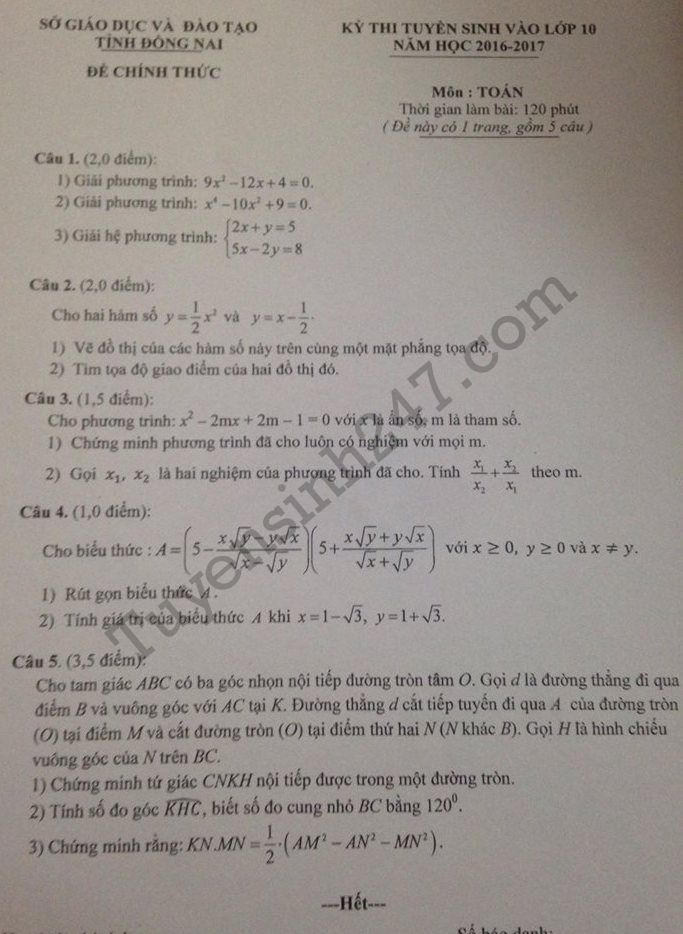 Đề thi vào lớp 10 môn Toán Đồng Nai năm 2016