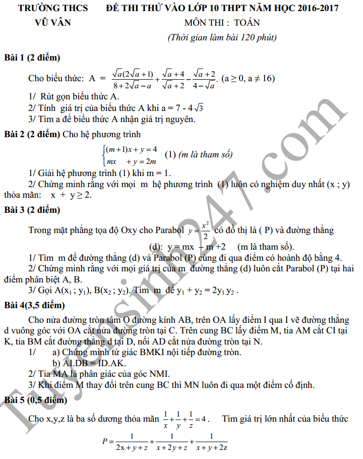 Đề thi thử vào lớp 10 môn Toán 2016 - trường THCS Vũ Vân