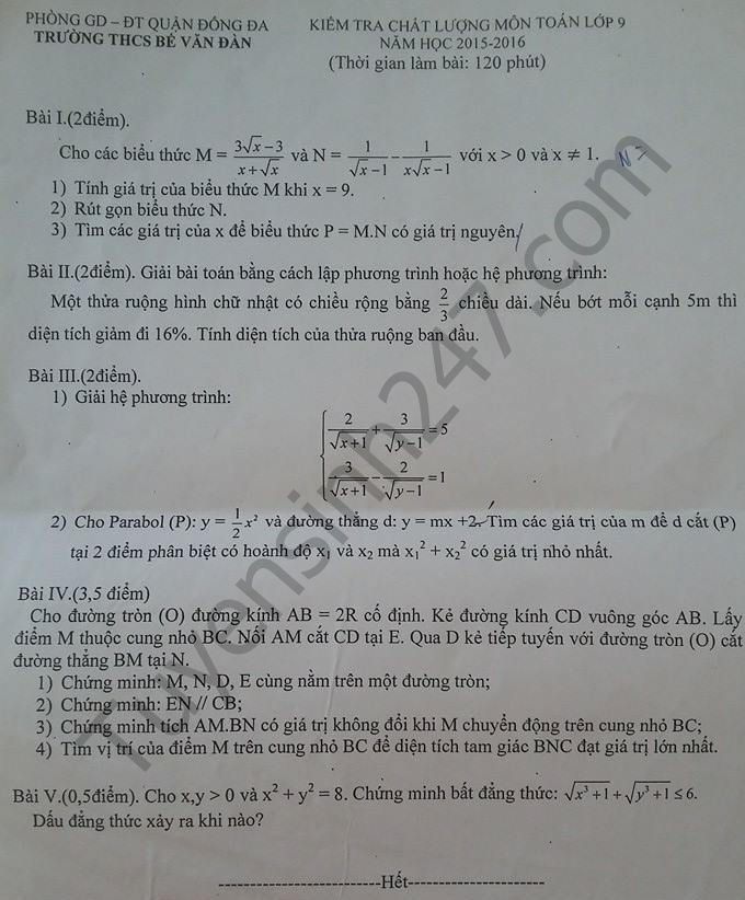 Đề thi thử vào lớp 10 môn Toán 2016 trường THCS Bế Văn Đàn