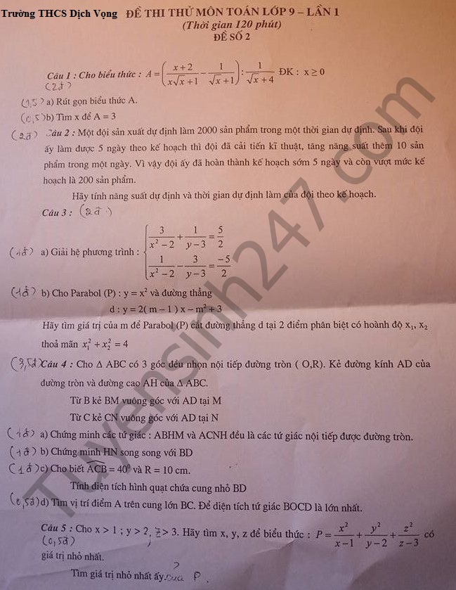 Đề thi thử vào lớp 10 môn Toán trường THCS Dịch Vọng lần 1 2016