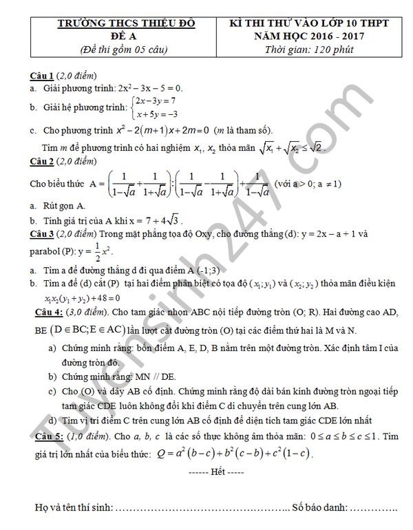 De thi thu vao lop 10 mon Toan - THCS Thieu Do 2016
