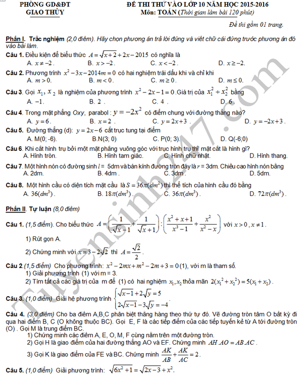 Đề thi thử vào lớp 10 môn Toán 2016 - Giao Thủy